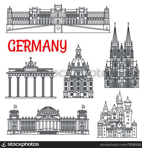 Tourism thin line Germany remarkable landmark. Travelling to visit places like Brandenburg gate and Neuschwanstein castle, Reichstag building and cologne cathedral, dresden frauenkirche in Berlin and Munich, Hohenschwangau Bavaria. Tourism thin line Germany remarkable landmark