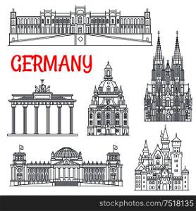 Tourism thin line Germany remarkable landmark. Travelling to visit places like Brandenburg gate and Neuschwanstein castle, Reichstag building and cologne cathedral, dresden frauenkirche in Berlin and Munich, Hohenschwangau Bavaria. Tourism thin line Germany remarkable landmark