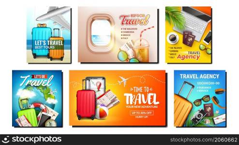 Tourism travel banner airplane set. World design. Journey background. Vacation summer trip. Business tour. Holiday tourist. Adventure template. Global ticket. vector character flat cartoon. Tourism travel banner airplane set vector