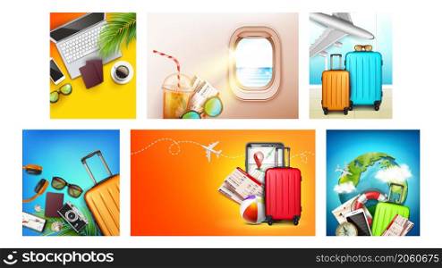 Tourism travel banner airplane set. World design. Journey background. Vacation summer trip. Business tour. Holiday tourist. Adventure template. Global ticket. vector character flat cartoon. Tourism travel banner airplane set vector