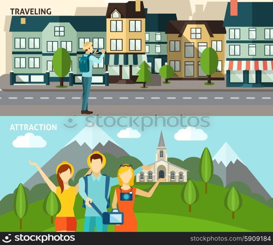 Tourism travelling horizontal flat banners set. Urban tourists attractions and historical sightseeing country travelling two flat horizontal banners set abstract isolated vector illustration