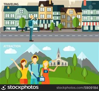 Tourism travelling horizontal flat banners set. Urban tourists attractions and historical sightseeing country travelling two flat horizontal banners set abstract isolated vector illustration