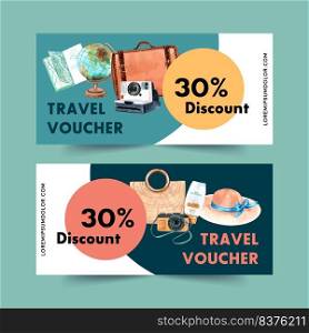 Tourism voucher design with bag, globe, camera, hat watercolor isolated illustration.