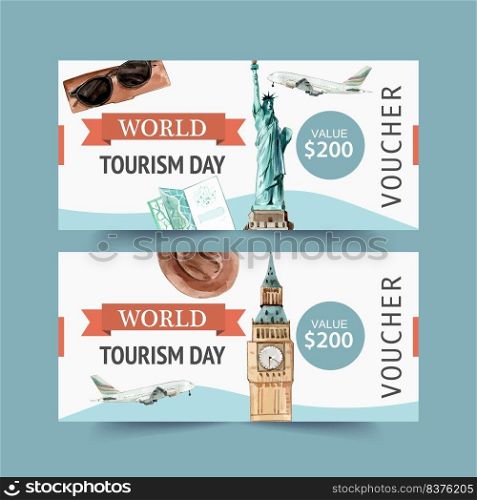 Tourism voucher design with bag, plane, Clock Tower, Eifel Tower watercolor illustration.