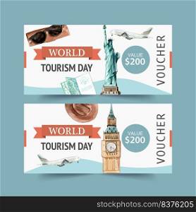 Tourism voucher design with bag, plane, Clock Tower, Eifel Tower watercolor illustration.