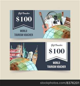 Tourism voucher design with clothes and landmark of Japan, London, France watercolor illustration.