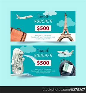 Tourism voucher design with Eifel Tower, Merlion, plane and backpack watercolor illustration.