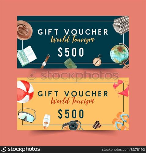Tourism voucher design with hat, clothes, ball, bikini, camera watercolor isolated illustration.