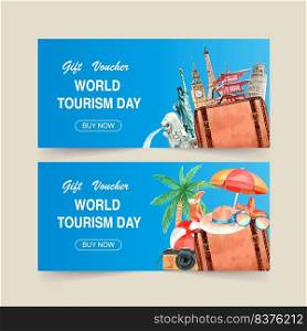 Tourism voucher design with landmark of each country, coconut, camera watercolor illustration.