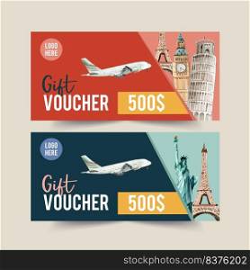 Tourism voucher design with Leaning Tower of Pisa, Clock Tower, Eifel Tower watercolor illustration