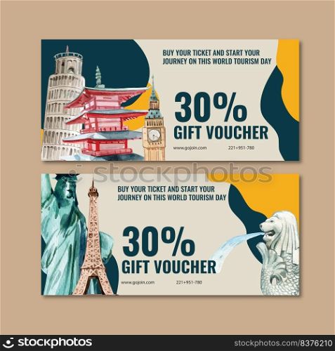 Tourism voucher design with Leaning Tower of Pisa, Clock Tower, Merlion watercolor illustration.