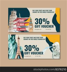 Tourism voucher design with Leaning Tower of Pisa, Clock Tower, Merlion watercolor illustration.
