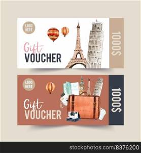 Tourism voucher design with Leaning Tower of Pisa, Eifel Tower watercolor illustration.