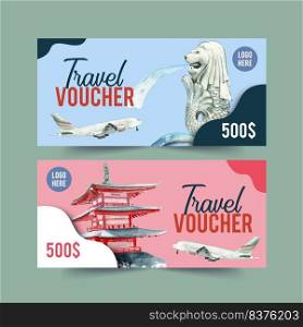Tourism voucher design with Merlion, Chureito pagoda, plane watercolor illustration.