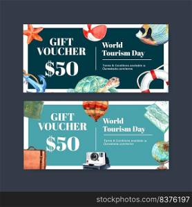 Tourism voucher design with turtle, fish, balloon, globe, bag watercolor illustration.