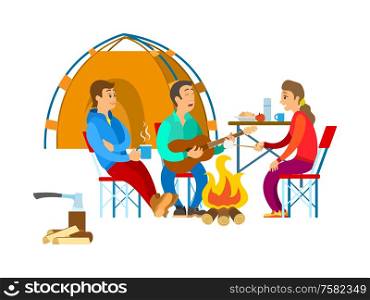 Tourism with tent, people singing song and playing guitar, man and woman in sport suit sitting near bonfire, served table by meal, woods and picnic vector. People near Bonfire, Tourism or Camping Vector