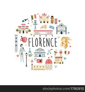 Tourist abstract design with famous destinations and landmarks of Florence. Vector illustration, poster.. Tourist abstract design with famous destinations and landmarks of Florence.