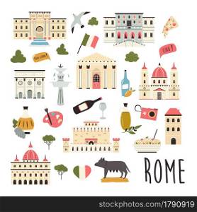 Tourist abstract design with famous destinations and landmarks of Rome. Vector illustration, poster.. Tourist abstract design with famous destinations and landmarks of Rome.