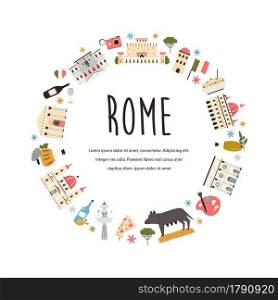 Tourist abstract design with famous destinations and landmarks of Rome. Vector illustration, poster.. Tourist abstract design with famous destinations and landmarks of Rome.