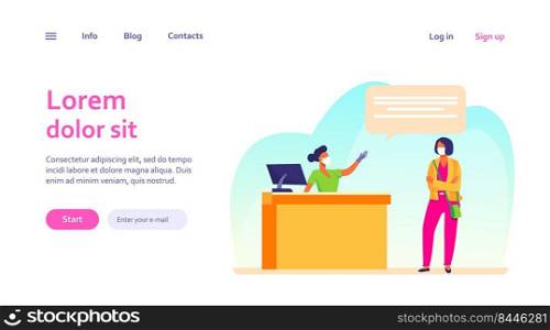 Tourist and airport employee wearing face mask. Women talking at check in desk flat vector illustration. Social distance, travel concept for banner, website design or landing web page