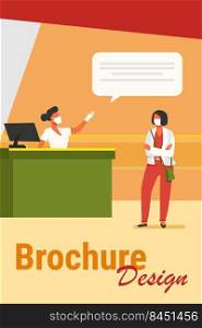 Tourist and airport employee wearing face mask. Women talking at check in desk flat vector illustration. Social distance, travel concept for banner, website design or landing web page