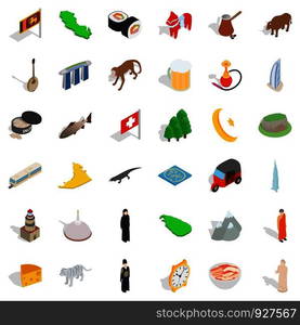 Tourist attraction cons set. Isometric style of 36 tourist attraction ector icons for web isolated on white background. Tourist attraction icons set, isometric style