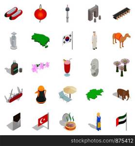 Tourist attraction icons set. Isometric set of 25 tourist attraction vector icons for web isolated on white background. Tourist attraction icons set, isometric style