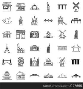 Tourist attraction icons set. Outline style of 36 tourist attraction vector icons for web isolated on white background. Tourist attraction icons set, outline style