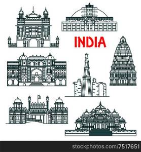 Tourist attractions and national architectural heritage of India thin line icons for travel design with Qutub Minar, Buddhist Stupa at Sanchi, Red Fort, Harmandir Sahib or Golden Temple, Virupaksha Temple in Hampi and Akshardham Temple. Architectural heritage of India linear icons
