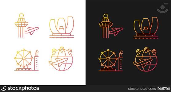 Tourist attractions in Singapore gradient icons set for dark and light mode. Changi airport. Thin line contour symbols bundle. Isolated vector outline illustrations collection on black and white. Tourist attractions in Singapore gradient icons set for dark and light mode