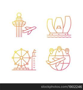 Tourist attractions in Singapore gradient linear vector icons set. Changi airport. Artscience museum. Air control. Thin line contour symbols bundle. Isolated outline illustrations collection. Tourist attractions in Singapore gradient linear vector icons set