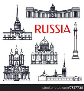 Tourist attractions of russian architecture symbols for vacation planning and travel agency design with linear Smolny and Kazan Cathedrals, Russian Admiralty and Alexander Column, Peter and Paul Fortress and Cathedral of Christ The Savior. Russian architectural attractions thin line icons