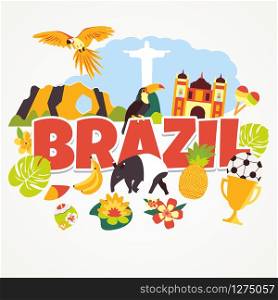 Tourist background welcome to Brazil with different elements and landmarks.. Tourist background welcome to Brazil with different elements and landmarks