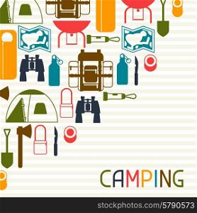 Tourist background with camping equipment in flat style. Tourist background with camping equipment in flat style.