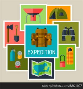 Tourist background with camping equipment in flat style. Tourist background with camping equipment in flat style.