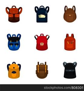 Tourist backpack icon set. Flat set of 9 tourist backpack vector icons for web design. Tourist backpack icon set, flat style