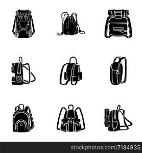 Tourist backpack icon set. Simple set of 9 tourist backpack vector icons for web design isolated on white background. Tourist backpack icon set, simple style