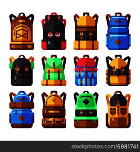 Tourist backpack vector flat icons. Hiker knapsack isolated on white. Knapsack and backpack for adventure travel and journey illustration. Tourist backpack vector flat icons. Hiker knapsack isolated on white