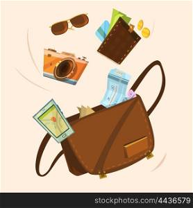 Tourist Bag Concept . Tourist bag concept with money tickets and sunglasses cartoon vector illustration