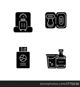 Tourist baggage for travel black glyph icons set on white space. Luggage check. Passport with ticket. Mini size objects for tourist comfort. Silhouette symbols. Vector isolated illustration. Tourist baggage for travel black glyph icons set on white space