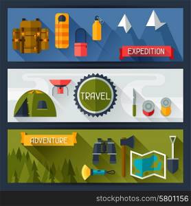 Tourist banners with camping equipment in flat style. Tourist banners with camping equipment in flat style.