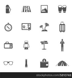Tourist black icons set with flask map photo binoculars isolated vector illustration. Tourist Icons Set