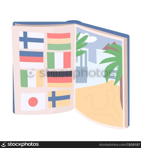 Tourist book cartoon vector illustration. Open book with country flags and tropical beach picture flat color object. International travel symbol isolated on white background. Summer vacation