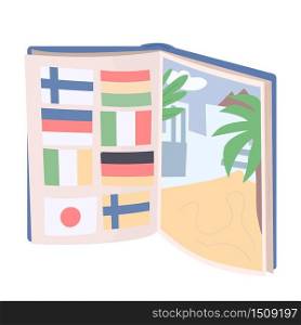 Tourist book cartoon vector illustration. Open book with country flags and tropical beach picture flat color object. International travel symbol isolated on white background. Summer vacation