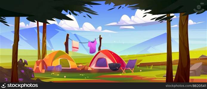 Tourist camp at nature landscape with trees and mountains. Camping tents with traveler drying clothes, backpack, logs, chair and mat on green field at scenery summer wood, Cartoon vector illustration. Tourist camping at nature landscape with trees
