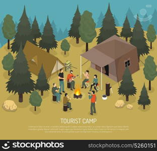 Tourist Camp Isometric Illustration. Tourist camp in forest with tents log with axe people near bonfire in summertime isometric vector illustration