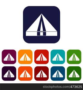 Tourist camping tent icons set vector illustration in flat style In colors red, blue, green and other. Tourist camping tent icons set flat