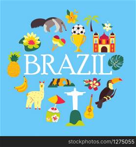 Tourist concept image with famous Brazilian landmarks, symbols and animals.. Tourist concept image with famous Brazilian landmarks, symbols and animals