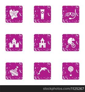 Tourist contract icons set. Grunge set of 9 tourist contract vector icons for web isolated on white background. Tourist contract icons set, grunge style