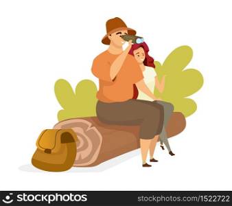 Tourist couple flat color vector illustration. People sitting on tree log. Male backpacker watching through binoculars. Female hiker. Man and woman isolated cartoon character on white background